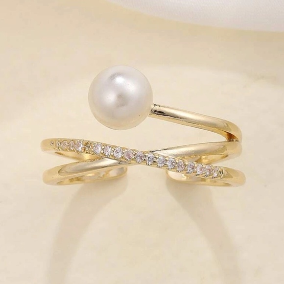 Luxe Faux Pearl Rhinestone Adjustable Ring - Picture 4 of 5